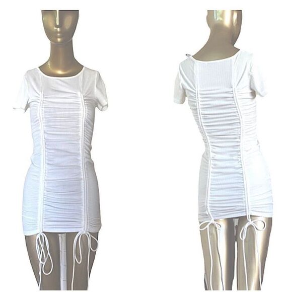 O Vianca White crewneck ribbed T-shirt dress with double ruching, front & back - Picture 2 of 14
